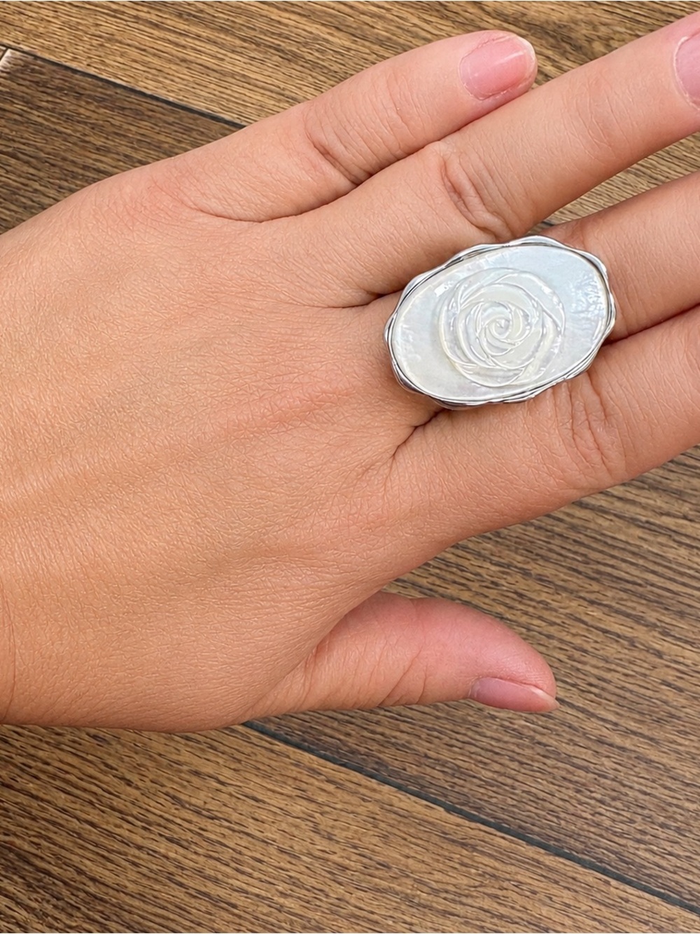 Carved Mother-of-Pearl Rose Sterling Silver Statement Ring - White